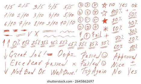 Exam grade marks crayon doodle set. School test results different hand drawn sings. Teacher scores of student homework. Vector handwritten scribble marker academic symbols on white background.