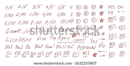 Exam grade marks crayon doodle set. School test results different hand drawn sings. Teacher scores of student homework. Vector handwritten scribble marker academic symbols on white background.