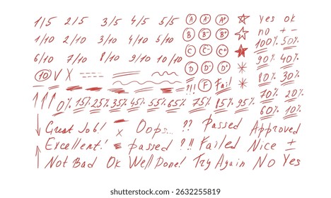 Exam grade marks doodle style set. School test results different hand drawn sings. Teacher scores of student homework. Vector handwritten scribble academic rating symbols isolated on white background.