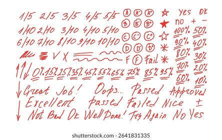 Exam grade marks doodle style set. School test results different hand drawn sings. Teacher scores of student homework. Vector handwritten scribble academic rating symbols isolated on white background.