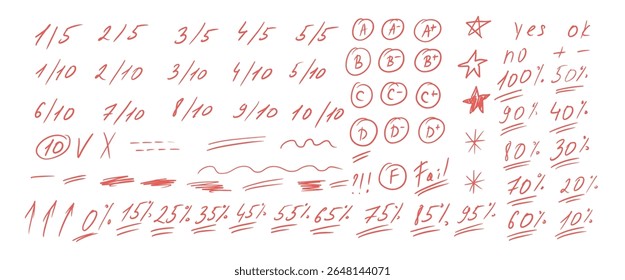 Exame nota marca doodle estilo definido. Resultados de teste escolar diferentes cantos desenhados à mão. Resultados de professores do dever de casa do aluno. Símbolos de classificação acadêmica de rabisco manuscritos de vetor isolados em fundo branco.
