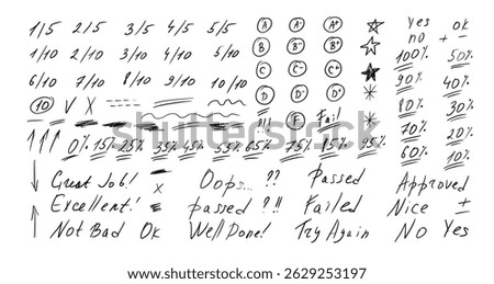 Exam grade marks doodle style set. School test results different hand drawn sings. Teacher scores of student homework. Vector handwritten scribble academic rating symbols isolated on white background.