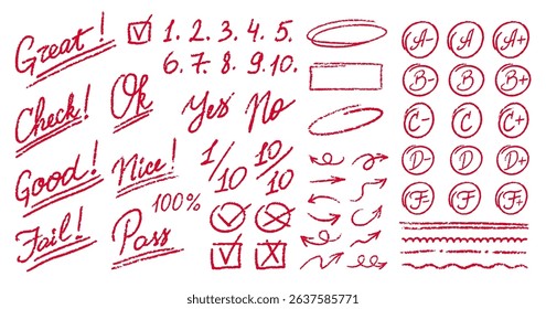 Exam Grade Marks Red Crayon Icons Set. School Score Teachers Handwriting Education Grading Doodle Symbols Collection. Homework Score Hand Drawn Chalk Vector Emphasis Scribble Style Symbols