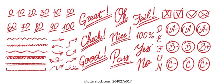 Exam Grade Marks Red Crayon Icons Set. School Score Teachers Handwriting Education Grading Doodle Symbols Collection. Homework Score Hand Drawn Chalk Vector Emphasis Scribble Style Symbols