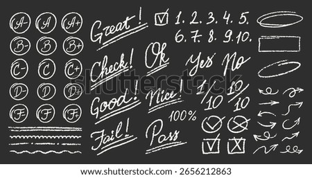 Exam Grade Marks White Crayon Icons Set. School Blackboard Score Teachers Handwriting Education Grading Doodle Symbols Collection Homework Score Hand Drawn Chalk Vector Emphasis Scribble Style Symbols
