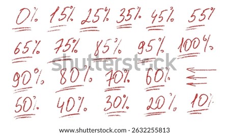 Exam grade numbers marks crayon written set. School test results hand drawn sings. Teacher percent scores for student. Vector handwritten scribble qualification rating symbols isolated on white.