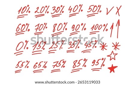 Exam grade numbers marks doodle style set. School test results hand drawn sings. Teacher percent scores for student homework. Vector handwritten scribble qualification rating symbols isolated on white