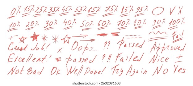 Exam grade percent marks doodle style set. School test results hand drawn sings. Teacher percent scores for student homework. Vector handwritten scribble qualification rating symbols isolated on white