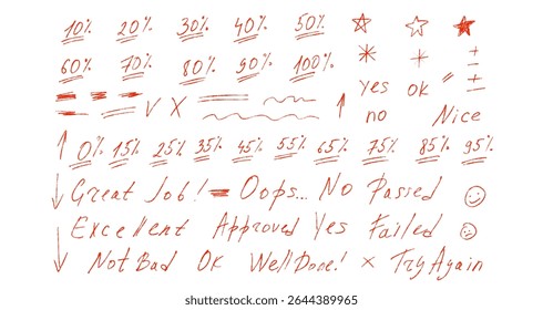 Exam grade percentage marks crayon drawing set. School test results freehand sings. Teacher percent scores for student homework. Vector handwritten scribble qualification rating symbols isolated.