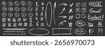 Exam grade test pen mark set. Crayon school test results different hand drawn signs. Teacher scores of student homework. Vector handwritten scribble marker academic symbols on chalkboard