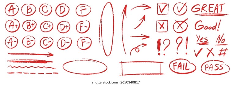 Prova da nota do exame com a marca vermelha. O teste da escola de giz de cera resulta em diferentes sinais desenhados à mão. Resultados de professores do dever de casa do aluno. Símbolos acadêmicos de rabisco manuscritos em vetor sobre fundo branco