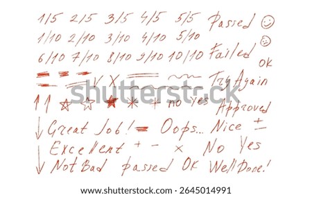 Exam grading marks doodle style set. Five-points, ten point academic system. School test results sings. Teacher scores for student homework. Vector scribble symbols isolated on white.