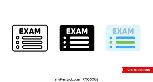 Exam icon of 3 types: color, black and white, outline. Isolated vector sign symbol.