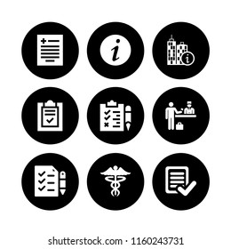 exam icon. 9 exam set with checkup, info, check in and list vector icons for web and mobile app