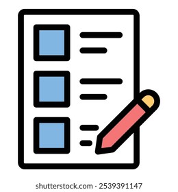 Diseño de evaluación de íconos de examen en estilo de color de línea plana