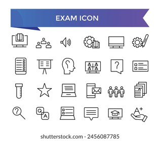 Exam icon collection. Related to test, score, quiz, questionnaire, results, pass, online exam and more. Line vector icons set.