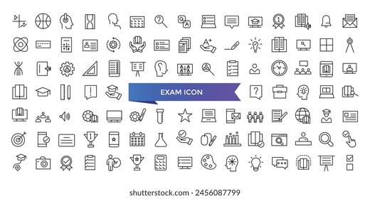 Exam icon collection. Related to test, score, quiz, questionnaire, results, pass, online exam and more. Line vector icons set.