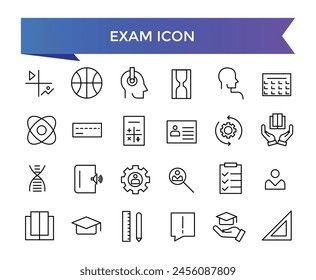 Exam icon collection. Related to test, score, quiz, questionnaire, results, pass, online exam and more. Line vector icons set.