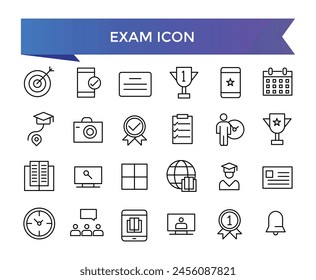 Exam icon collection. Related to test, score, quiz, questionnaire, results, pass, online exam and more. Line vector icons set.