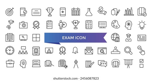 Exam icon collection. Related to test, score, quiz, questionnaire, results, pass, online exam and more. Line vector icons set.