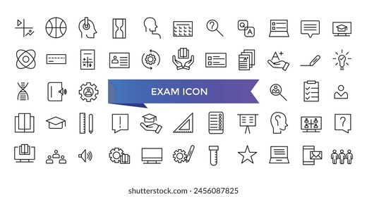 Exam icon collection. Related to test, score, quiz, questionnaire, results, pass, online exam and more. Line vector icons set.