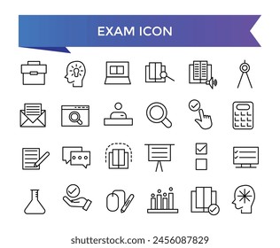 Exam icon collection. Related to test, score, quiz, questionnaire, results, pass, online exam and more. Line vector icons set.