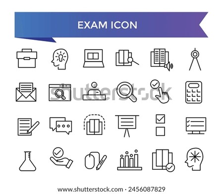 Exam icon collection. Related to test, score, quiz, questionnaire, results, pass, online exam and more. Line vector icons set.