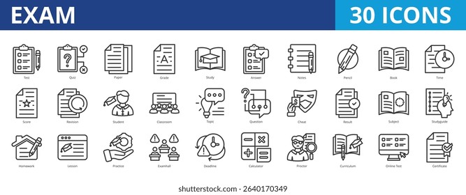 Exam icon pack collection set for education, learning, test and evaluation. With quiz, study, lesson, practice, evaluation, assessment, examination, audit, compliance, task, and survey icon