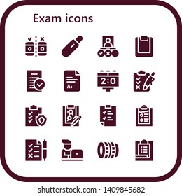 exam icon set. 16 filled exam icons.  Simple modern icons about  - Testing, Pregnancy test, Tasks, Clipboard, Exam, Scoreboard, Student, Lens, Task