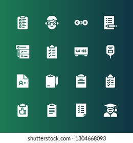 exam icon set. Collection of 16 filled exam icons included Student, Tasks, Clipboard, Exam, Saline, Scoreboard, Contact lens