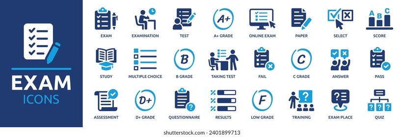 Exam icon set. Containing test, score, quiz, questionnaire, results, pass, online exam and more. Solid vector icons collection.