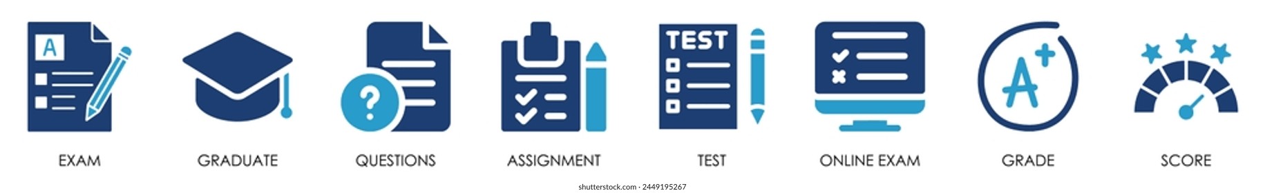 Exam icon set. Containing test, score and so on. Flat examination icons set.