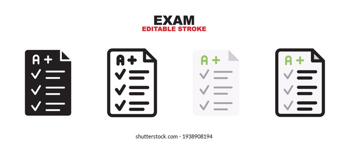 Exam icon set with different styles. Colored vector icons designed in filled, outline, flat, glyph and line colored. Editable stroke and pixel perfect. Can be used for web, mobile, ui and more.