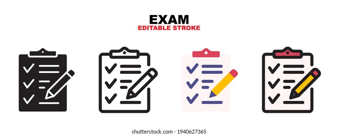 Exam icon set with different styles. Colored vector icons designed in filled, outline, flat, glyph and line colored. Editable stroke and pixel perfect. Can be used for web, mobile, ui and more.