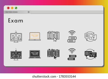 exam icon set. included chemistry, student, laptop, homework, book icons on white background. linear, filled styles.