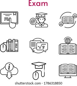Prüfungssymbol eingestellt. beinhaltet Feedback, Bücher, E-Book, Hausaufgaben, E-Learning, Touchscreen, Lernen, Informationen Symbole. lineare Stile.