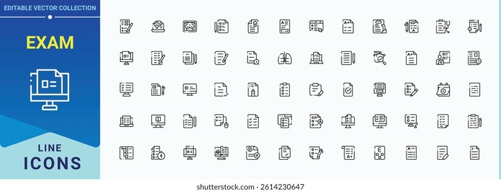 Exam icon set in linear style. Related to education, question, questionnaire, result, assessment, test. Minimal icons set. Questionnaire icon. Pictogram and infographic.