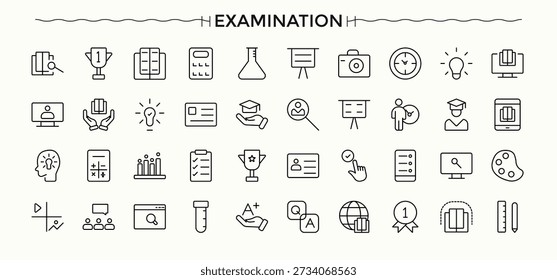 Exam icon set. Question line icon set. Modern thin line style icons. Contain linear sign test, assessment, education, result, questionnaire, study and more. Signs for web and mobile app.