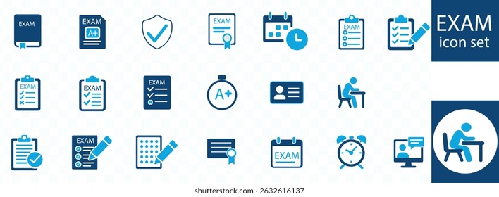 Conjunto de ícones do exame. pontuação, questionário, questionário, resultados, aprovação, exame online e muito mais