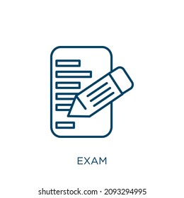 icono de examen. Icono de contorno de examen lineal delgado aislado en fondo blanco. Signo de examen vectorial de línea, símbolo para web y móvil