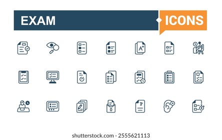 Exam icons in linear style. Related to select, list, results, man and more. Simple icon designs. Vector outline and solid icons collection.