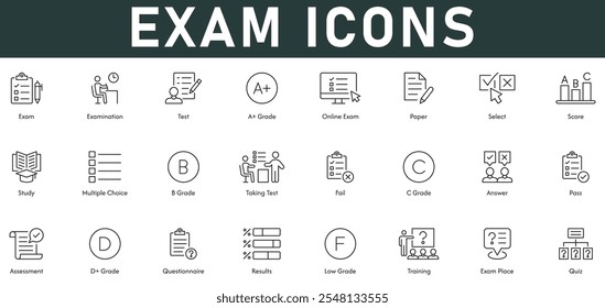 Prüfung Icons Vektorgrafik mit dünnen Linie editierbaren Strich enthält Prüfung Test A+ B C D+ F Grad Online-Prüfung Papier auswählen Partitur Studie fehlschlagen Bestehen Bewertung Fragebogen
