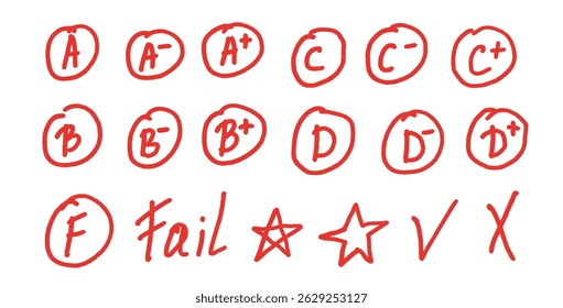 Exam letters grade marks doodle style set. School test results hand drawn sings. Teacher scores for homework. Vector handwritten scribble qualification rating and correction symbols isolated on white.