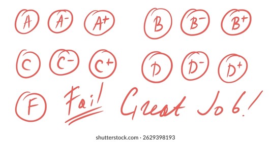 Exam letters grade marks doodle style set. School test results hand drawn sings. Teacher scores for homework. Vector handwritten scribble qualification rating and correction symbols isolated on white.