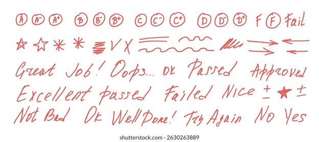Exam letters grade marks doodle style set. School test results hand drawn sings. Teacher scores for homework. Vector handwritten scribble qualification rating and correction symbols isolated on white.