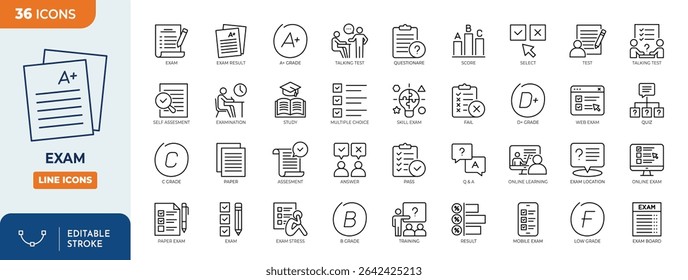 Exam line editable icon set. Containing test, score, quiz, questionnaire, results, pass, online exam, and more. Editable stroke. Vector illustration