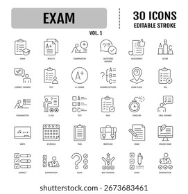 Exam Line Editable Icons set. Containing questionnaire, test results, answer, and more. Vector illustration