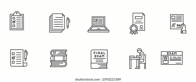 Exam line Icon Set. School, learning, study, pencil, paper, question, marks, clipart . Vector Illustration
