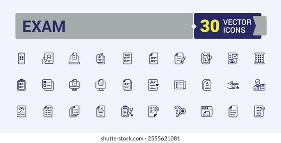 Exam linear icon collection. Includes icons for results, answer, success, education, app and more. Outline icons pack. Outline and solid pictogram.