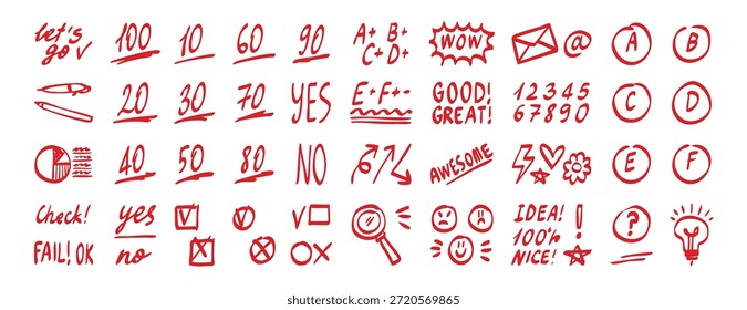 Las marcas de examen comprueban las flechas y los círculos establecen el ícono dibujado a mano del doodle de la colección. Símbolo de Clipart de línea de resaltado de dibujo de esquema. Ilustración vectorial